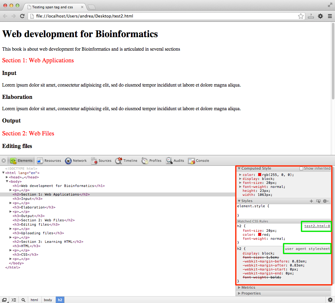 The Chrome developer tools window, overriding user agent default styles