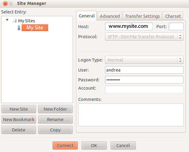 The FileZilla Site Manager