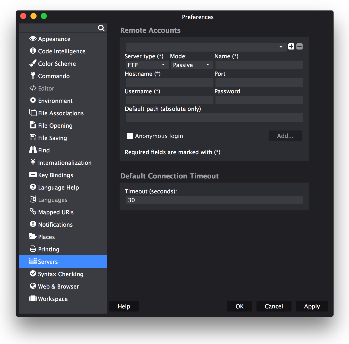 The Komodo Edit Servers section of the preferences window