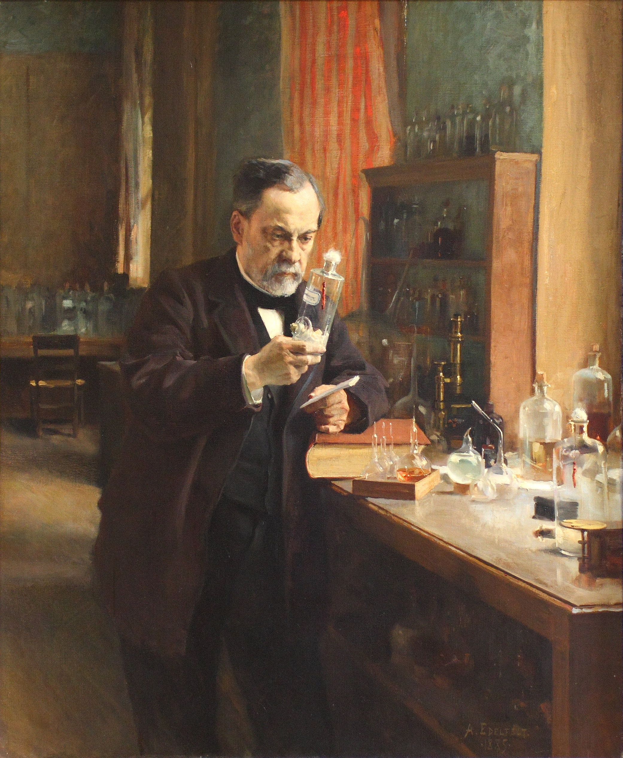 Louis Pasteur in his laboratory, painting by A. Edelfeldt in 1885.