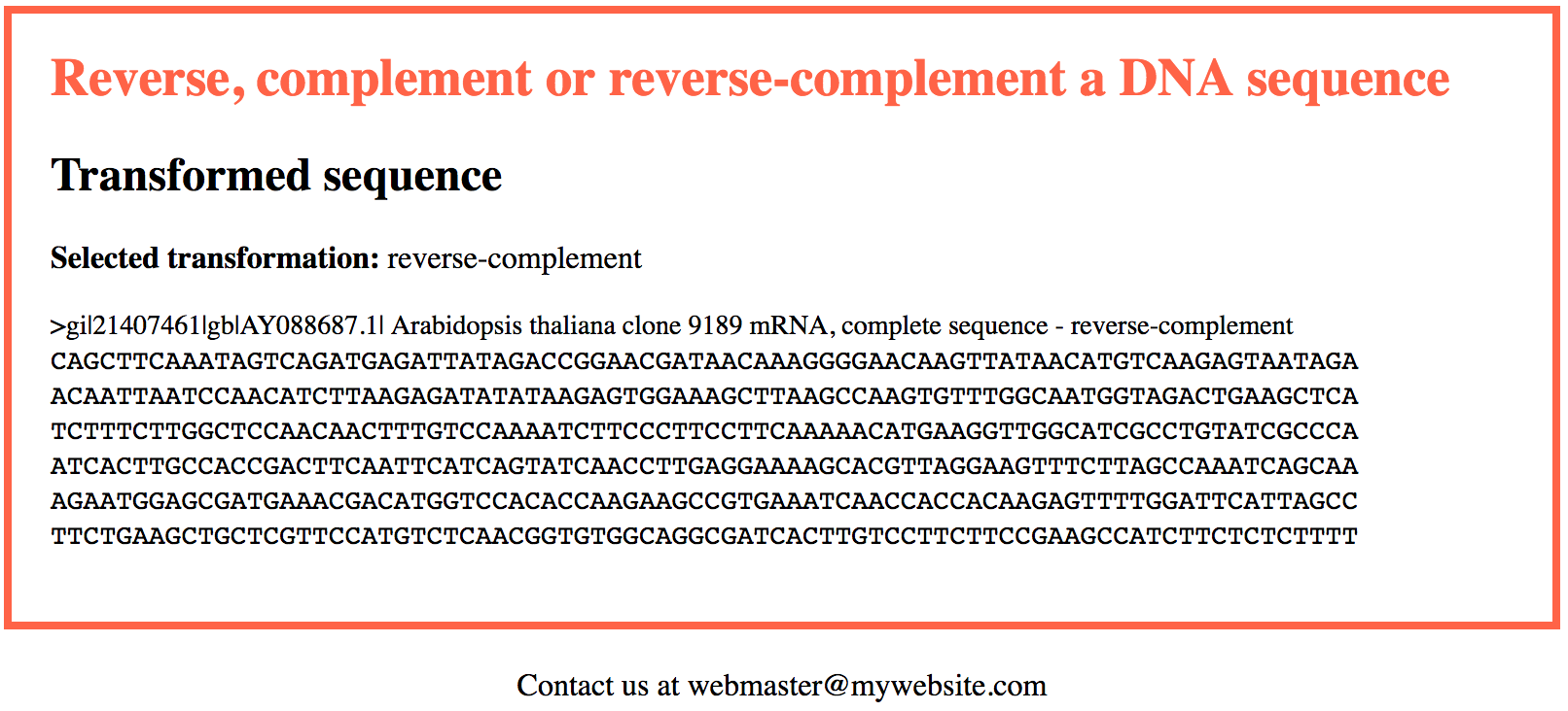 The output of the reverse-complement web application
