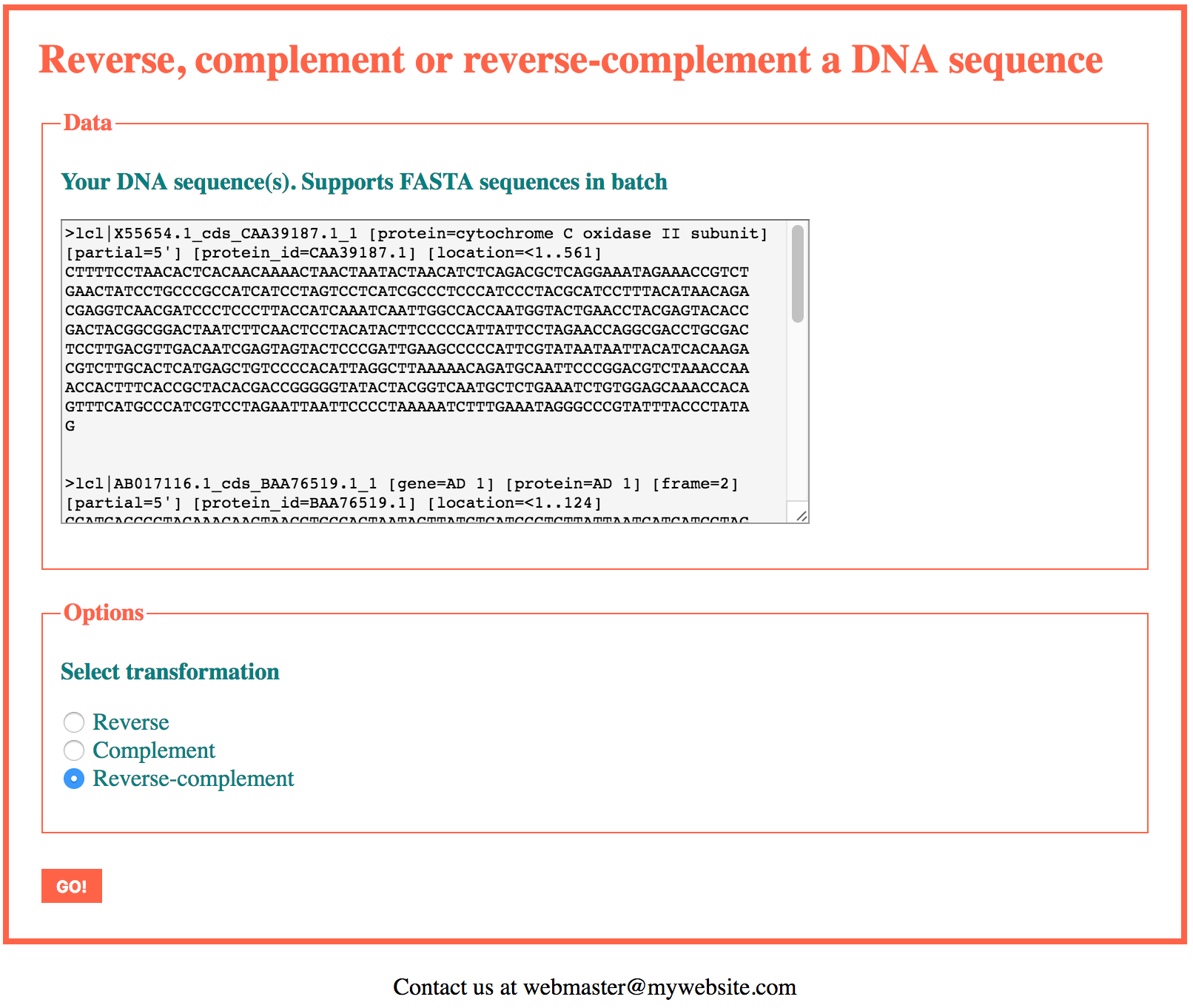 The web form for the reverse-complement application, batch version